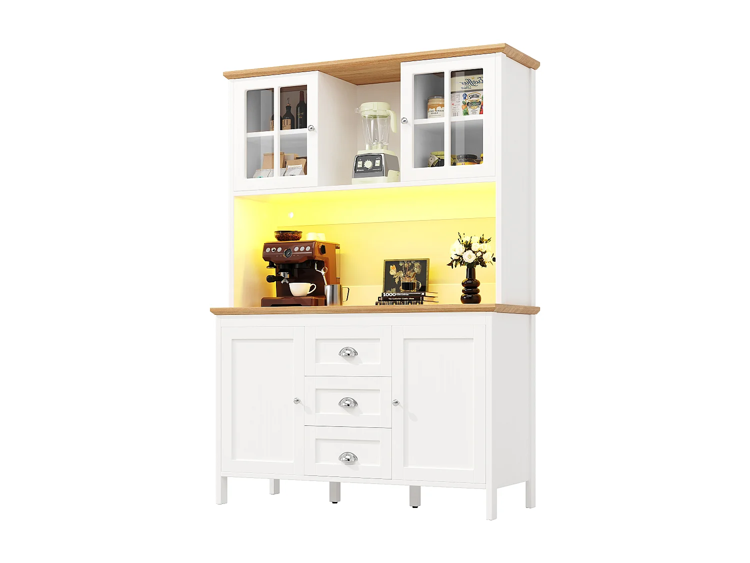 Hohes Küchen-Sideboard – 120 x 40 x 179 cm – mit LED-Beleuchtung + 4 Türen + 3 Schubladen + Einlegeboden – MDF + Metall – weiß