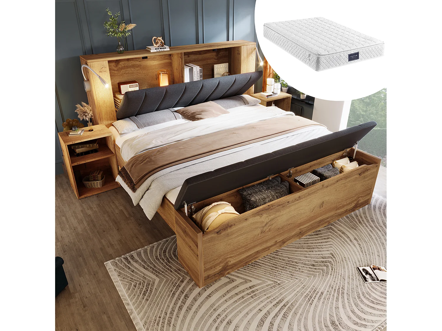 Lit double - 160 x 200 cm - avec tête de lit rabattable + 2 tables de chevet + banquette rangement + 2 lampes - naturel（avec matelas)