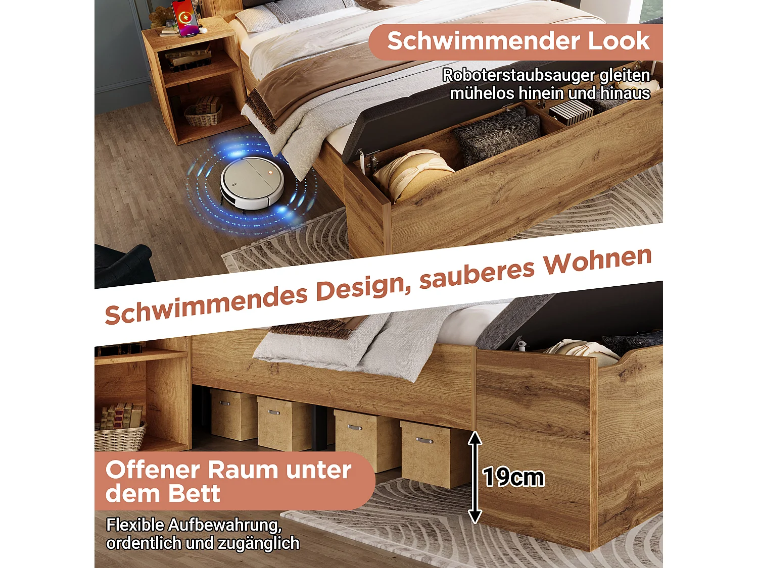 Lit double - 160 x 200 cm - avec tête de lit rabattable + 2 tables de chevet + banquette rangement + 2 lampes - naturel（avec matelas)