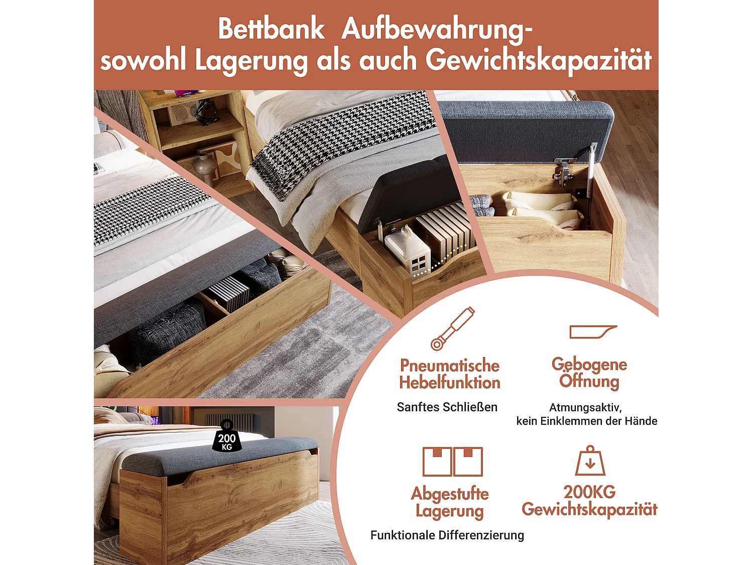 Lit double - 160 x 200 cm - avec tête de lit rabattable + 2 tables de chevet + banquette rangement + 2 lampes - naturel（avec matelas)