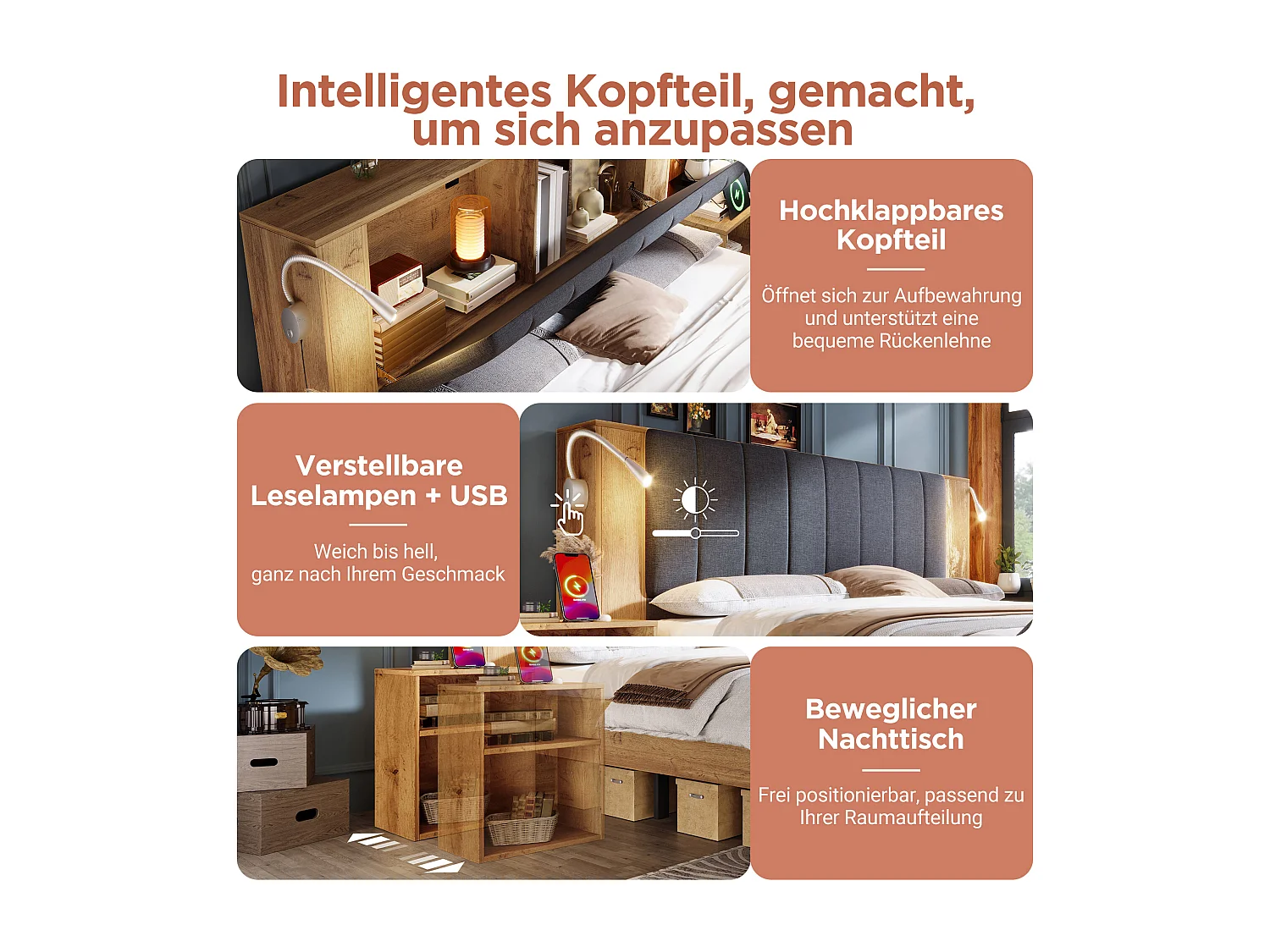 Lit double - 160 x 200 cm - avec tête de lit rabattable + 2 tables de chevet + banquette rangement + 2 lampes - naturel（avec matelas)