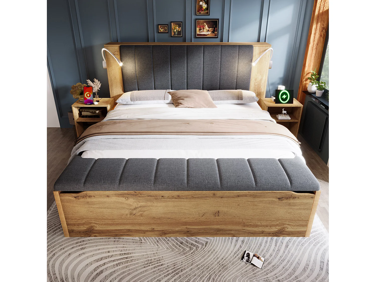 Lit double - 160 x 200 cm - avec tête de lit rabattable + 2 tables de chevet + banquette rangement + 2 lampes - naturel（avec matelas)