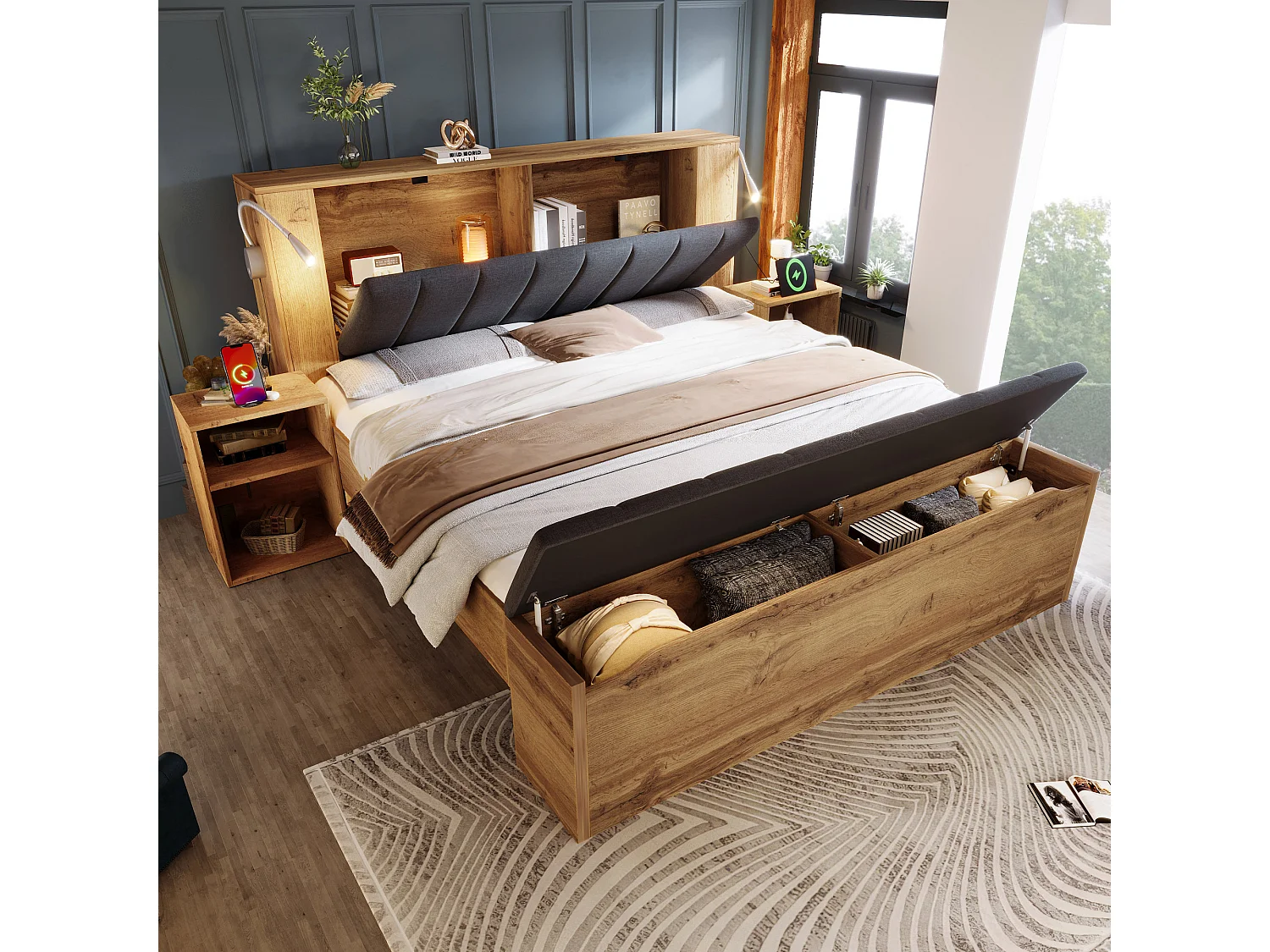 Lit double - 160 x 200 cm - avec tête de lit rabattable + 2 tables de chevet + banquette rangement + 2 lampes - naturel（avec matelas)