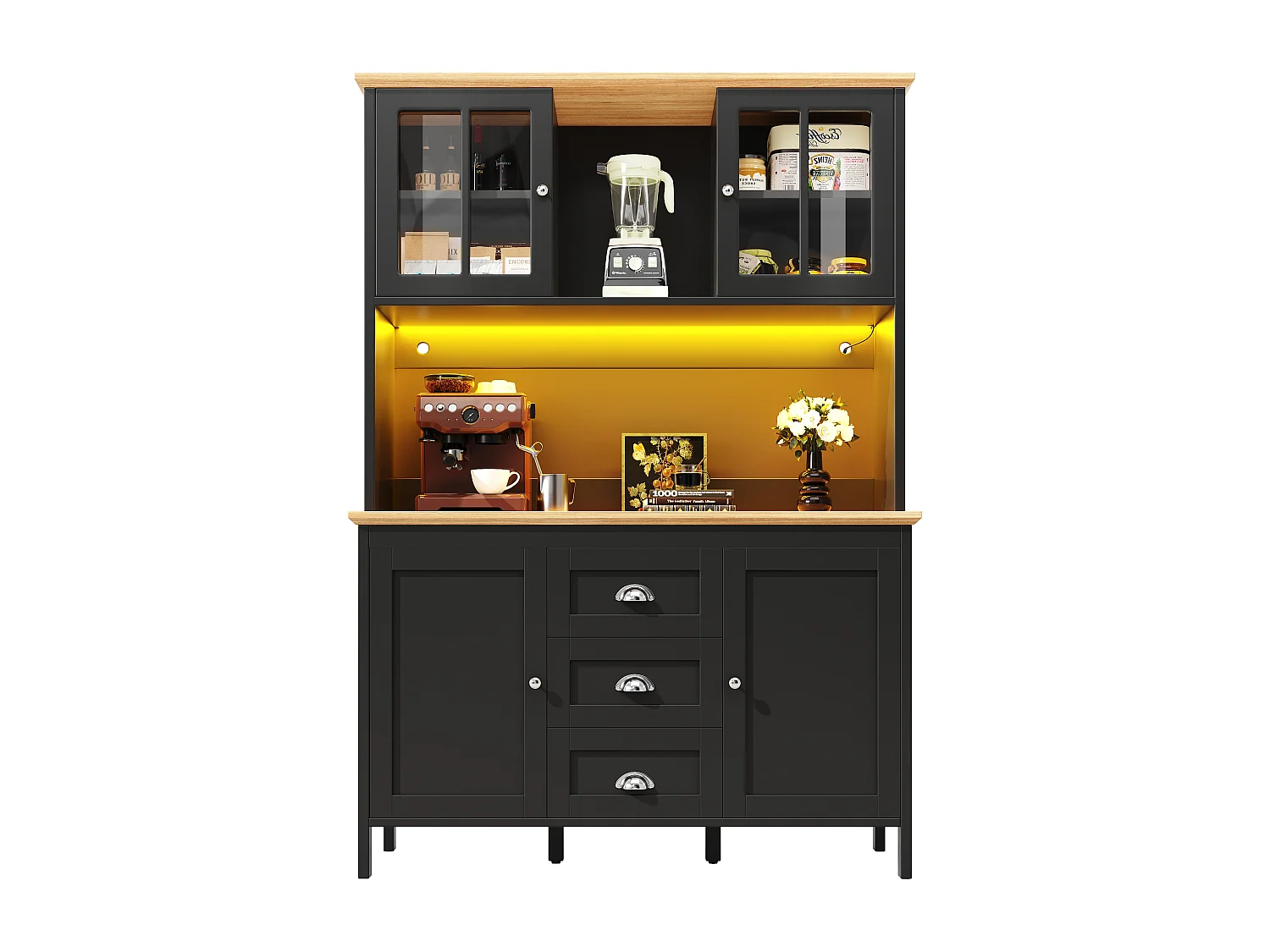 Wysoka komoda kuchenna - 120 x 40 x 179 cm - z diodami LED + 4 drzwi + 3 szuflady + półka - MDF + metal - czarna