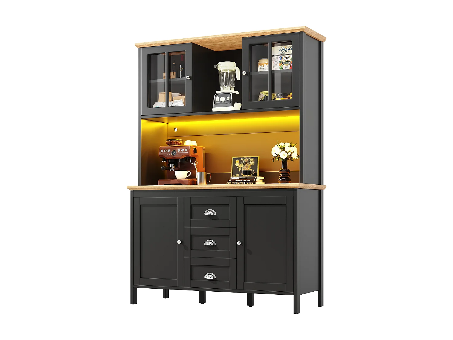 Wysoka komoda kuchenna - 120 x 40 x 179 cm - z diodami LED + 4 drzwi + 3 szuflady + półka - MDF + metal - czarna