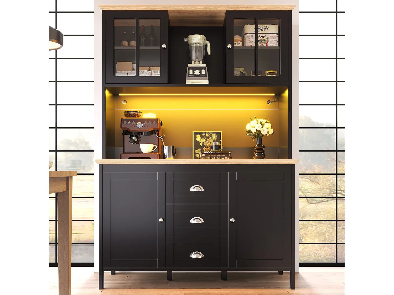 Wysoka komoda kuchenna - 120 x 40 x 179 cm - z diodami LED + 4 drzwi + 3 szuflady + półka - MDF + metal - czarna