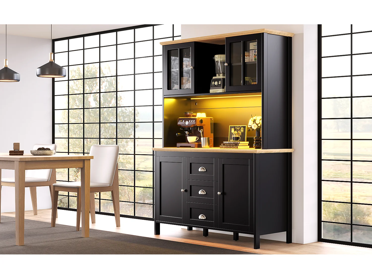 Wysoka komoda kuchenna - 120 x 40 x 179 cm - z diodami LED + 4 drzwi + 3 szuflady + półka - MDF + metal - czarna