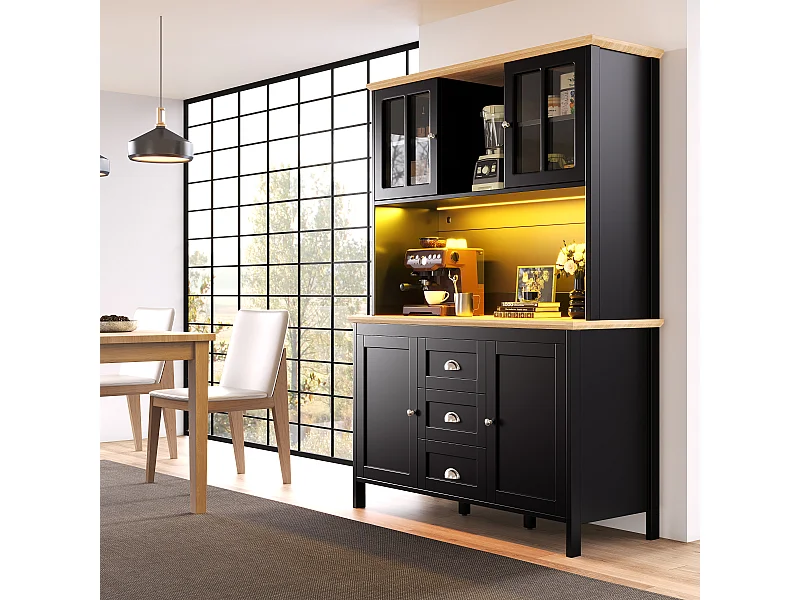 Buffet haute de cuisine - 120 x 40 x 179 cm - avec Leds + 4 portes + 3 tiroirs + étagère - MDF + métal - noir