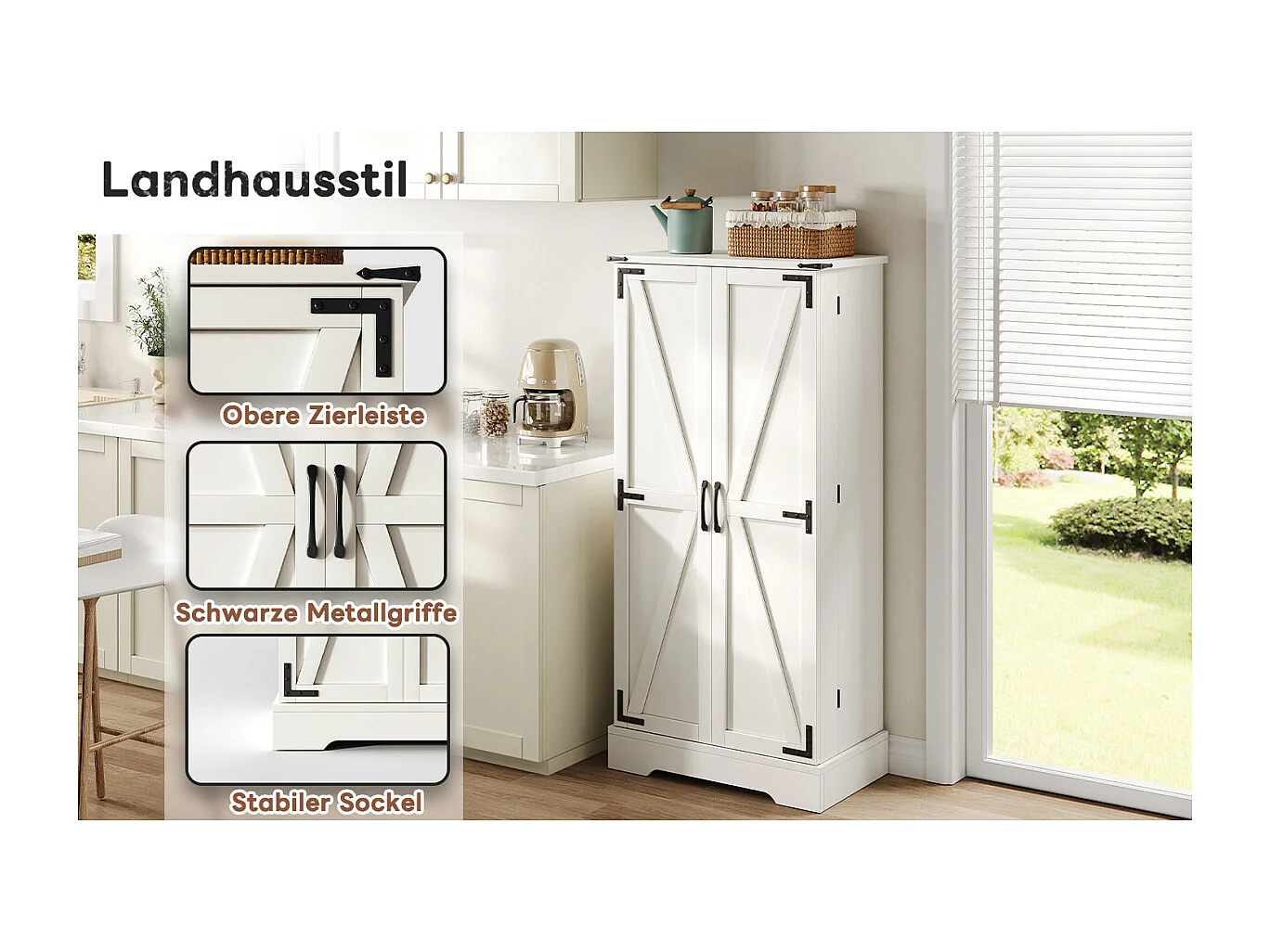 Meuble de cuisine 128,5 cm, style campagnard, éclairage LED, 2 portes, étagères réglables, blanc