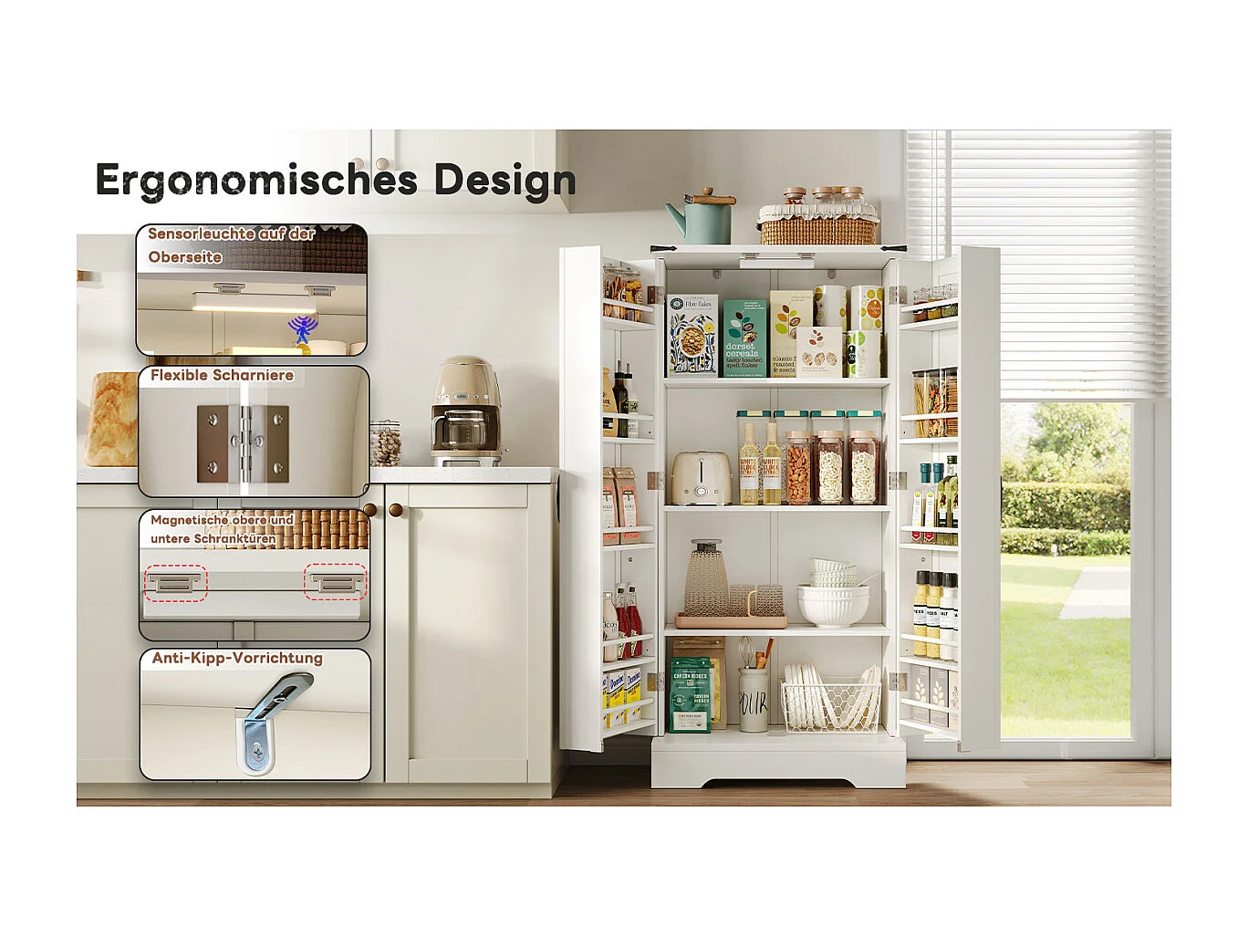 Meuble de cuisine 128,5 cm, style campagnard, éclairage LED, 2 portes, étagères réglables, blanc