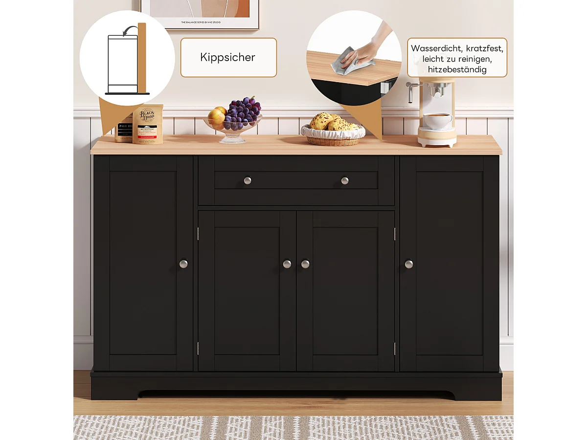 Buffet de cuisine multifonctionnel – Buffet de 138 cm avec portes à tiroirs et étagères.