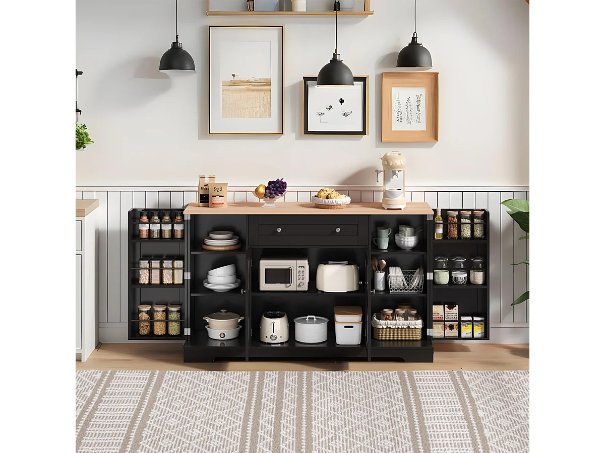 Buffet de cuisine multifonctionnel – Buffet de 138 cm avec portes à tiroirs et étagères.
