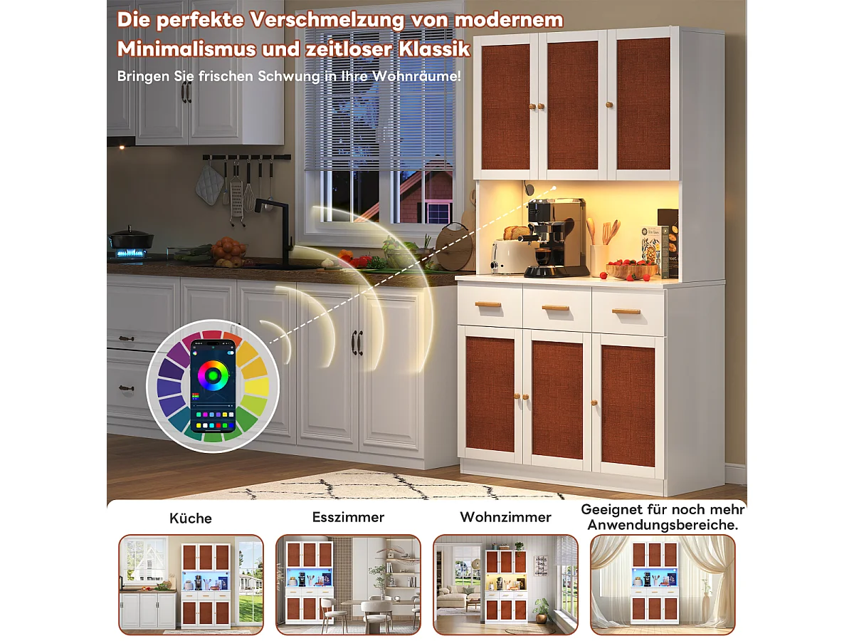 Buffet de cuisine 182 cm avec éclairage LED et prise électrique, blanc, portes en tissu, poignées en bois massif