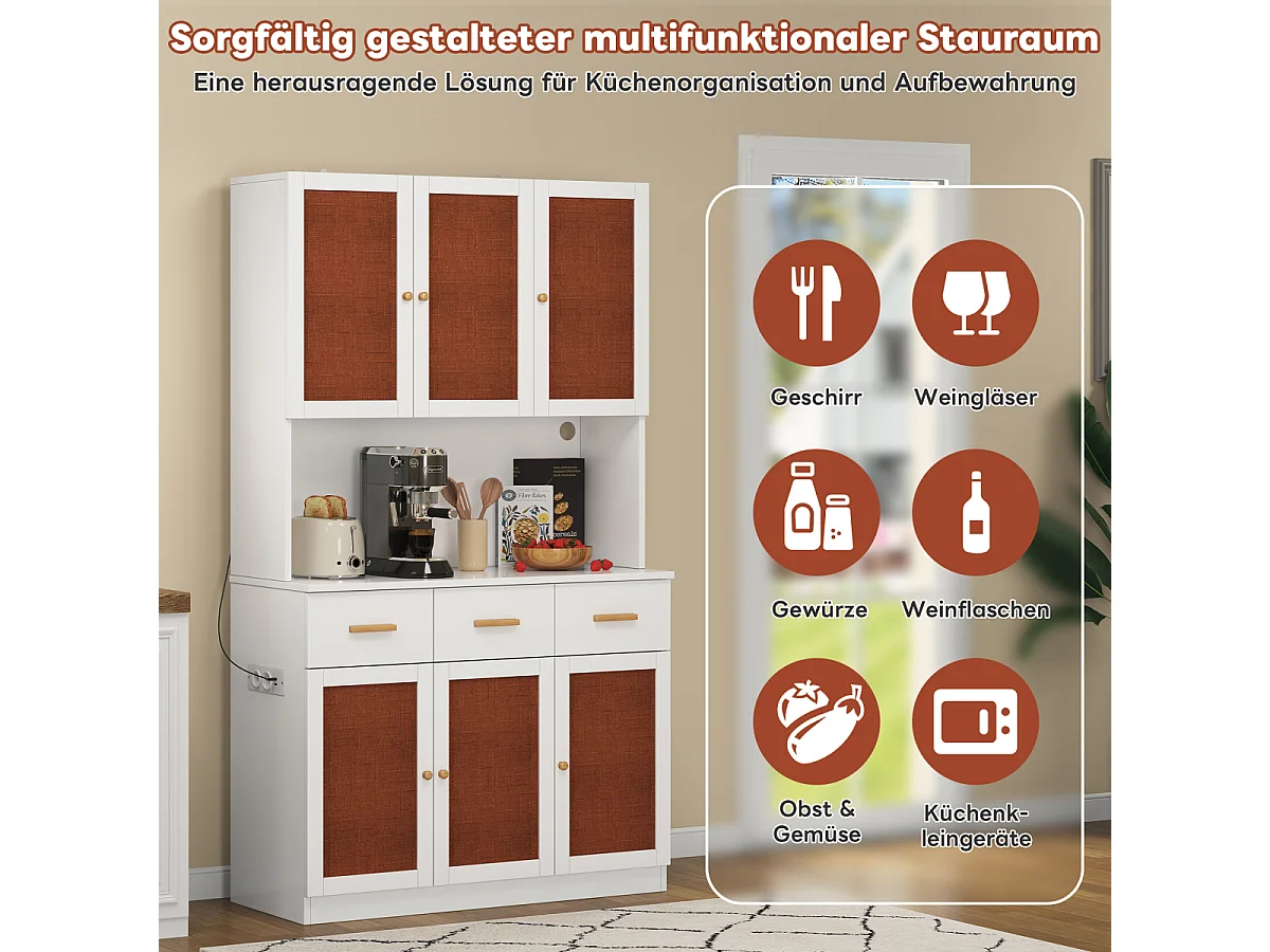 Buffet de cuisine 182 cm avec éclairage LED et prise électrique, blanc, portes en tissu, poignées en bois massif