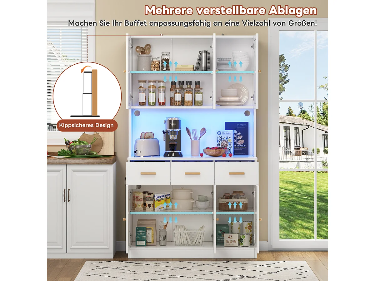 Buffet de cuisine 182 cm avec éclairage LED et prise électrique, blanc, portes en tissu, poignées en bois massif