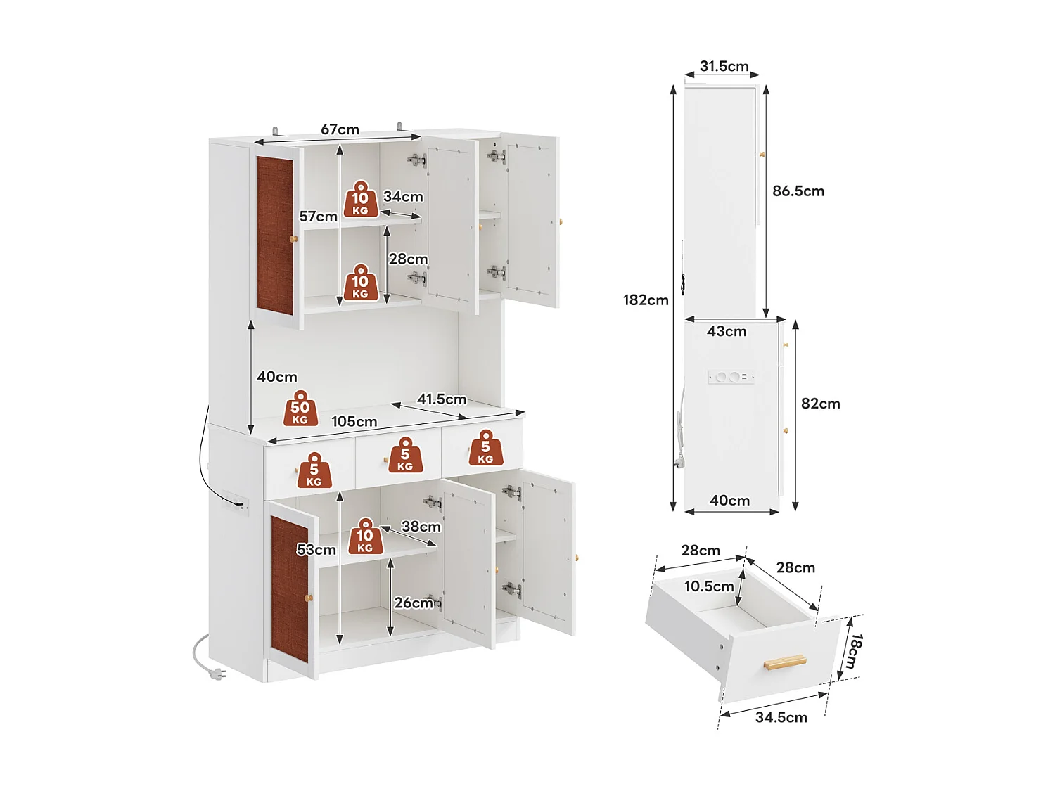 Buffet de cuisine 182 cm avec éclairage LED et prise électrique, blanc, portes en tissu, poignées en bois massif