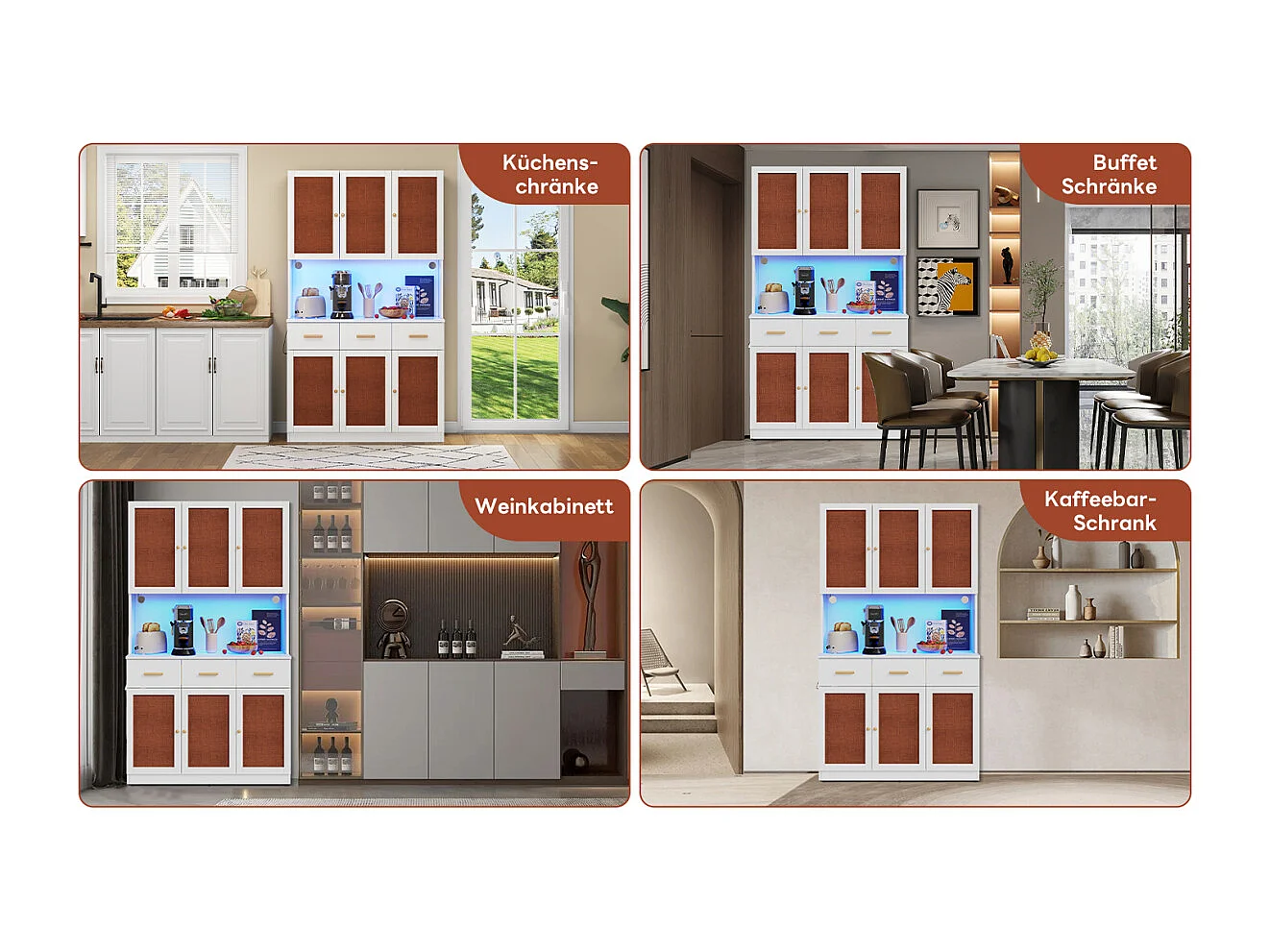 Buffet de cuisine 182 cm avec éclairage LED et prise électrique, blanc, portes en tissu, poignées en bois massif