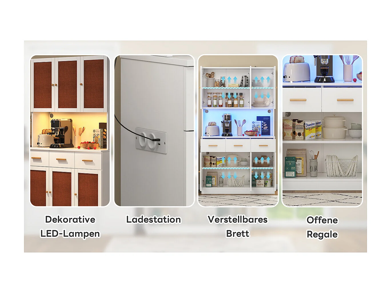 Buffet de cuisine 182 cm avec éclairage LED et prise électrique, blanc, portes en tissu, poignées en bois massif