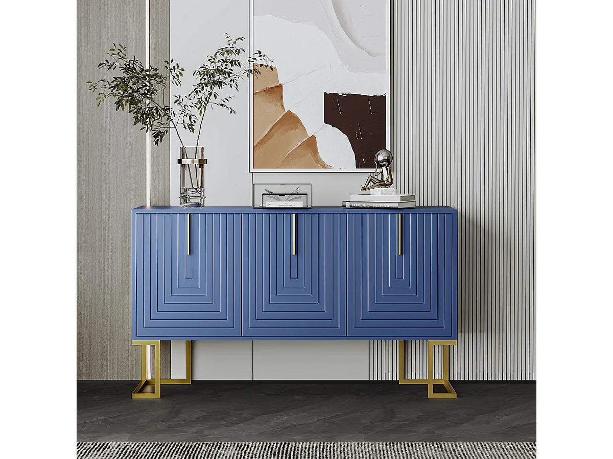 Buffet bleu marine à 3 portes avec étagères réglables et piètement en métal