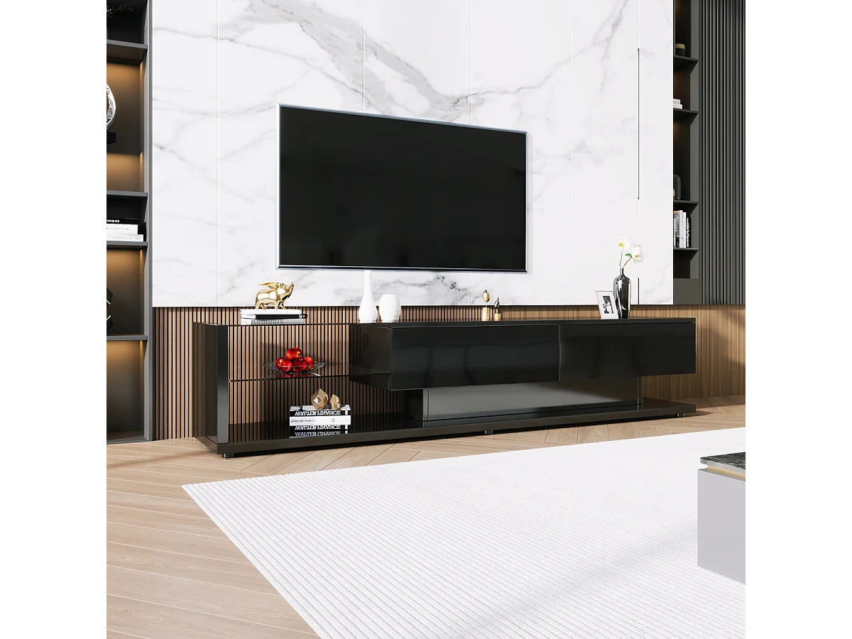 Hoogglans tv-meubels en lowboards met glazen wanden, ledverlichting en een rustiek-modern design.