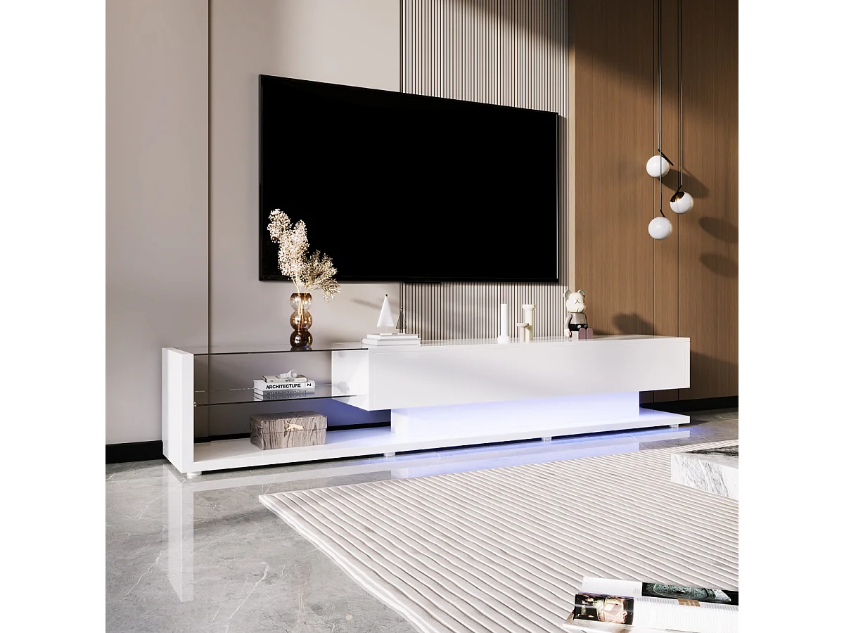 Mobili TV, pannelli bassi, divisori in vetro bianco lucido, illuminazione LED variabile. Design rustico e moderno.