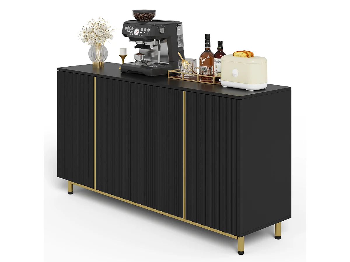 Dressoir 150 cm zwart met gegroefde deuren, modern en kiepvrij.