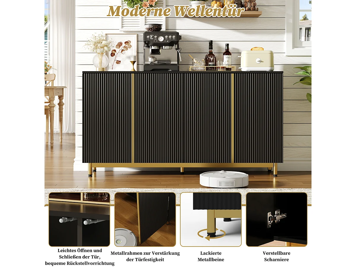 Dressoir 150 cm zwart met gegroefde deuren, modern en kiepvrij.