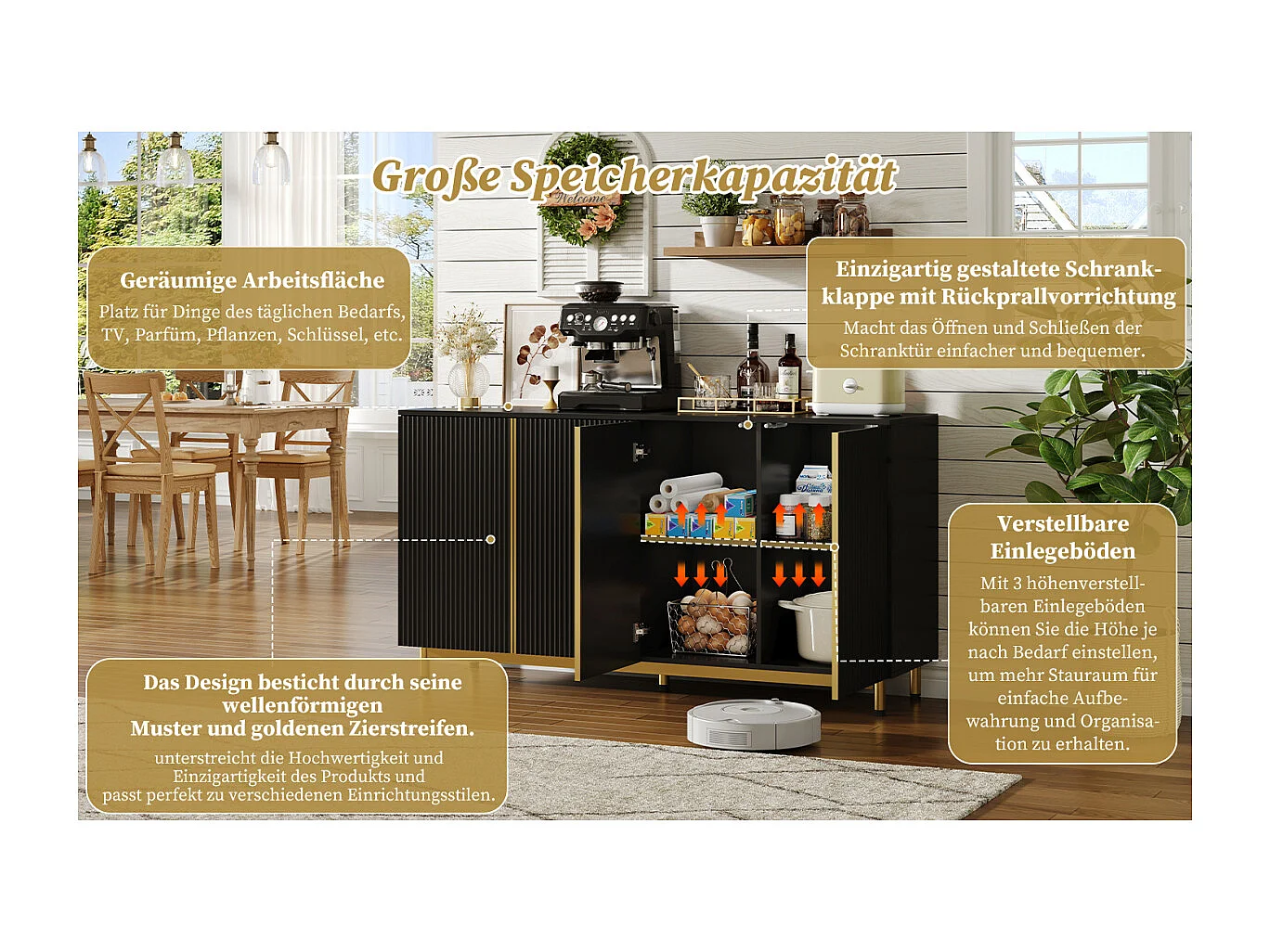 Dressoir 150 cm zwart met gegroefde deuren, modern en kiepvrij.