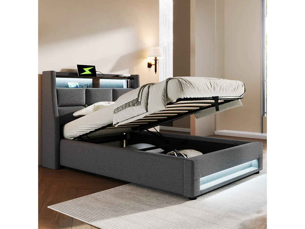 Letto imbottito 90x200cm con USB e LED, letto singolo in lino (senza materasso)