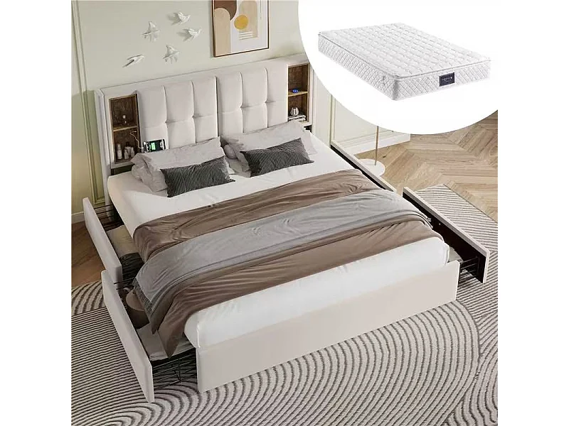 Tweepersoonsbed met oplaadfunctie, USB & draadloos opladen (160x200cm, Beige)