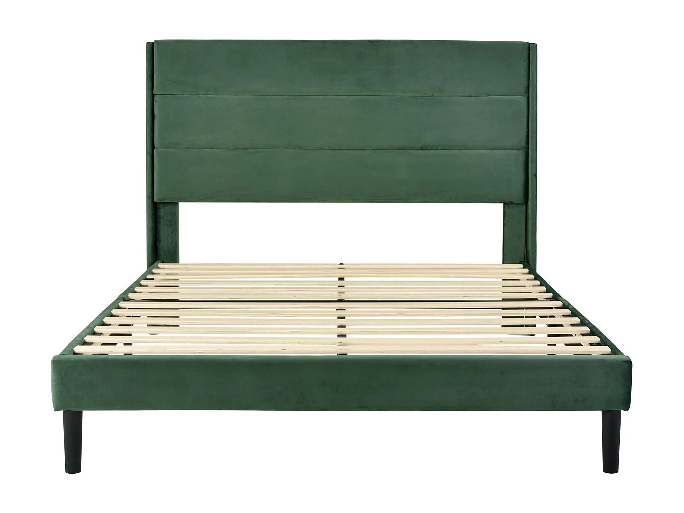 Gestoffeerd bed 140x200 cm, fluweel donkergroen, modern design, met lattenbodem en hoofdbord.