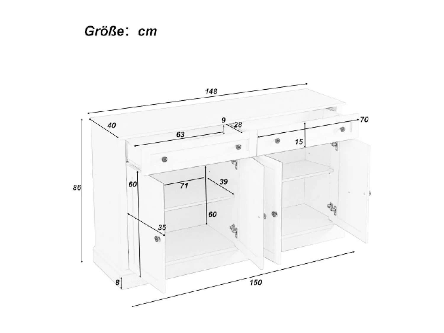 Credenza moderna con 4 ante, 2 cassetti, 150x40x86 cm (bianco antico)