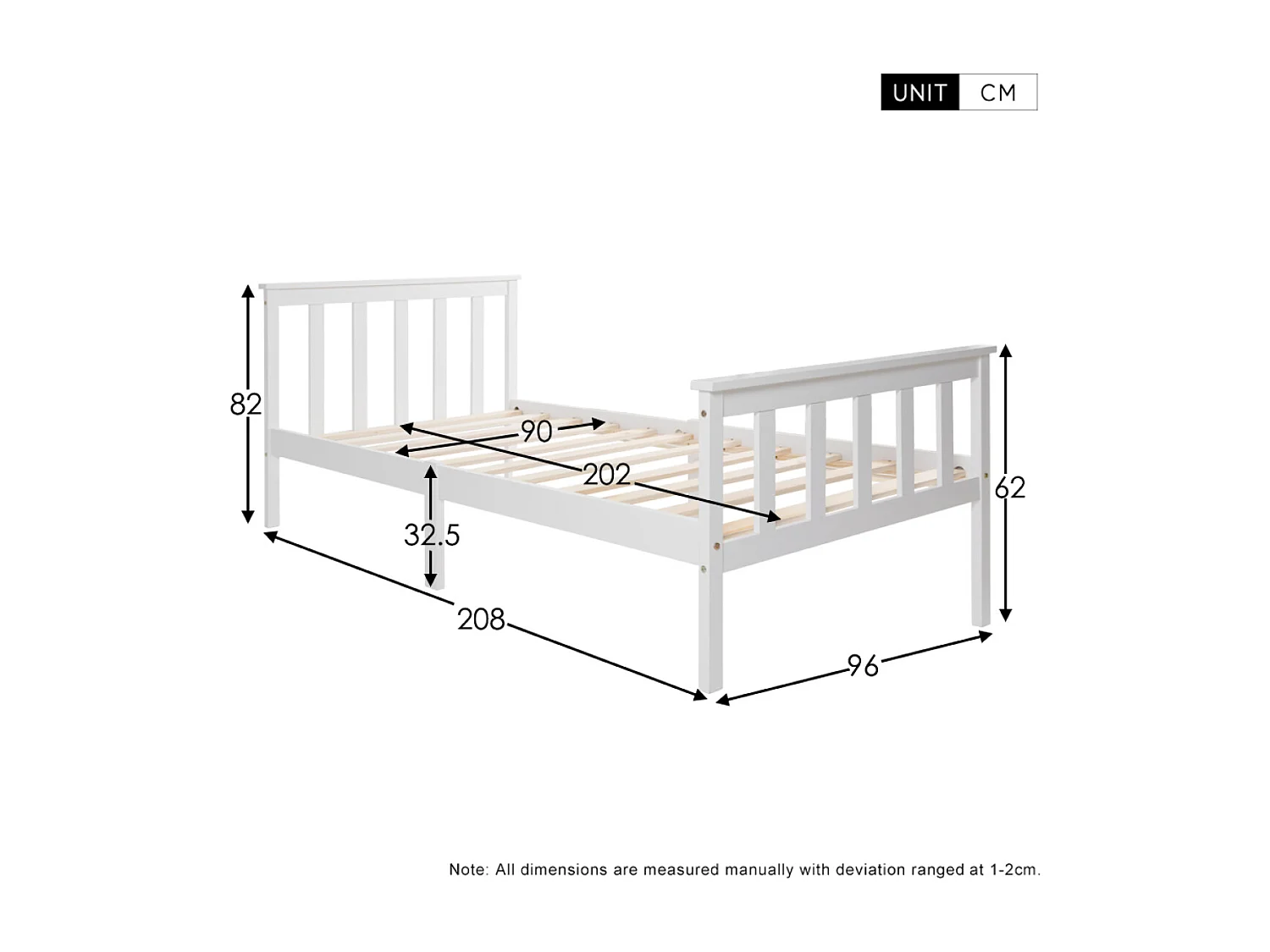 Massief grenen wit houten eenpersoonsbed met hoofdeinde - 90x200 cm