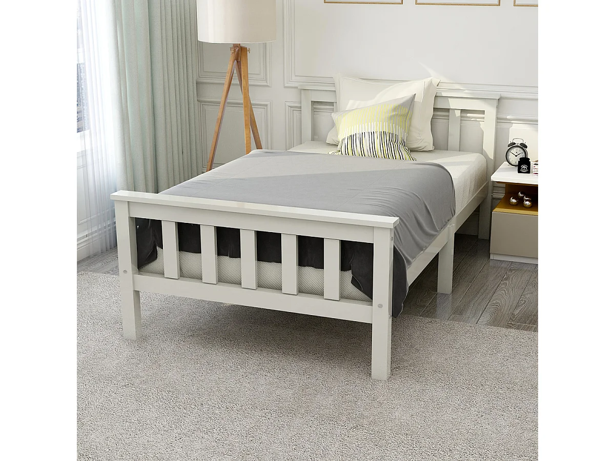 Massief grenen wit houten eenpersoonsbed met hoofdeinde - 90x200 cm