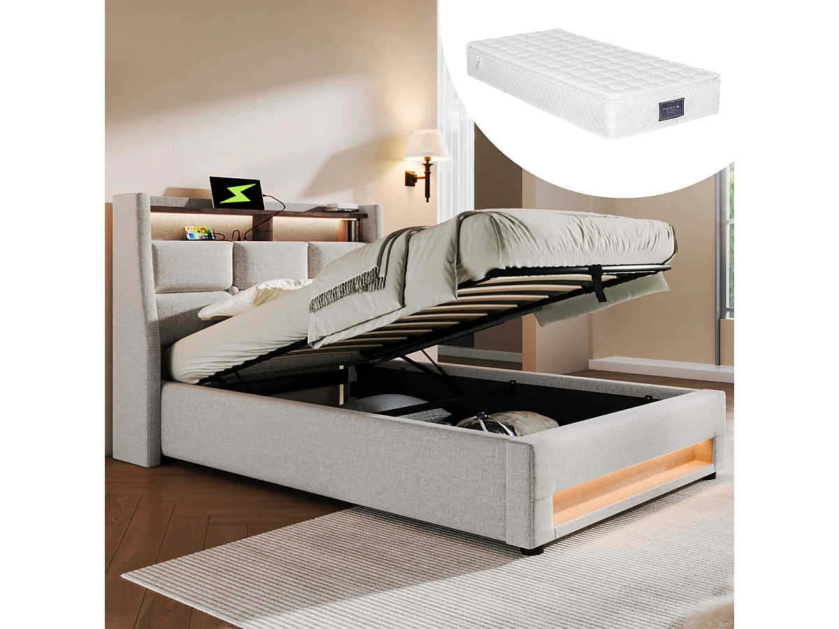Letto imbottito 90x200cm con USB, LED, rete a doghe e materasso