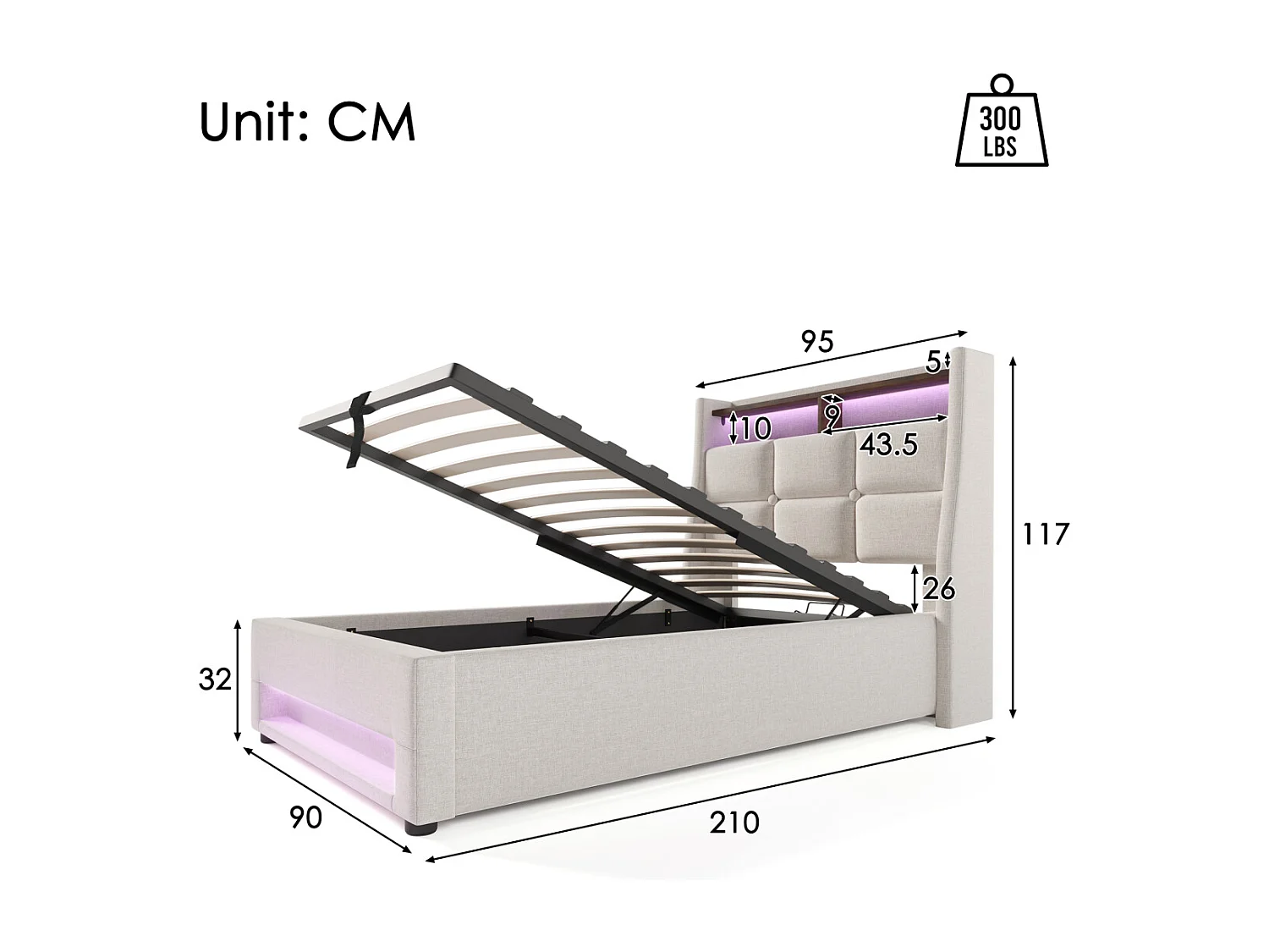 Letto imbottito 90x200cm con USB, LED, rete a doghe e materasso