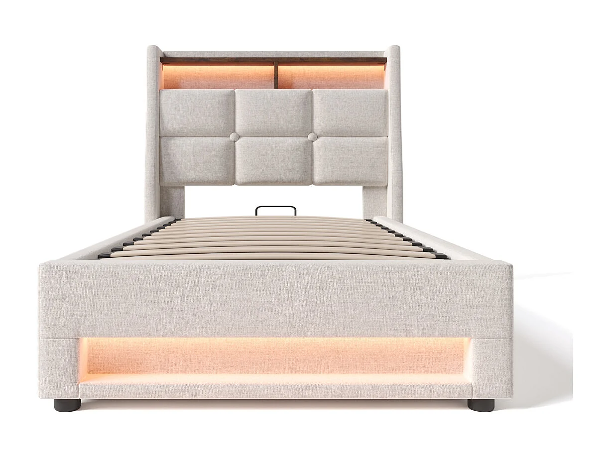 Letto imbottito 90x200cm con USB, LED, rete a doghe e materasso