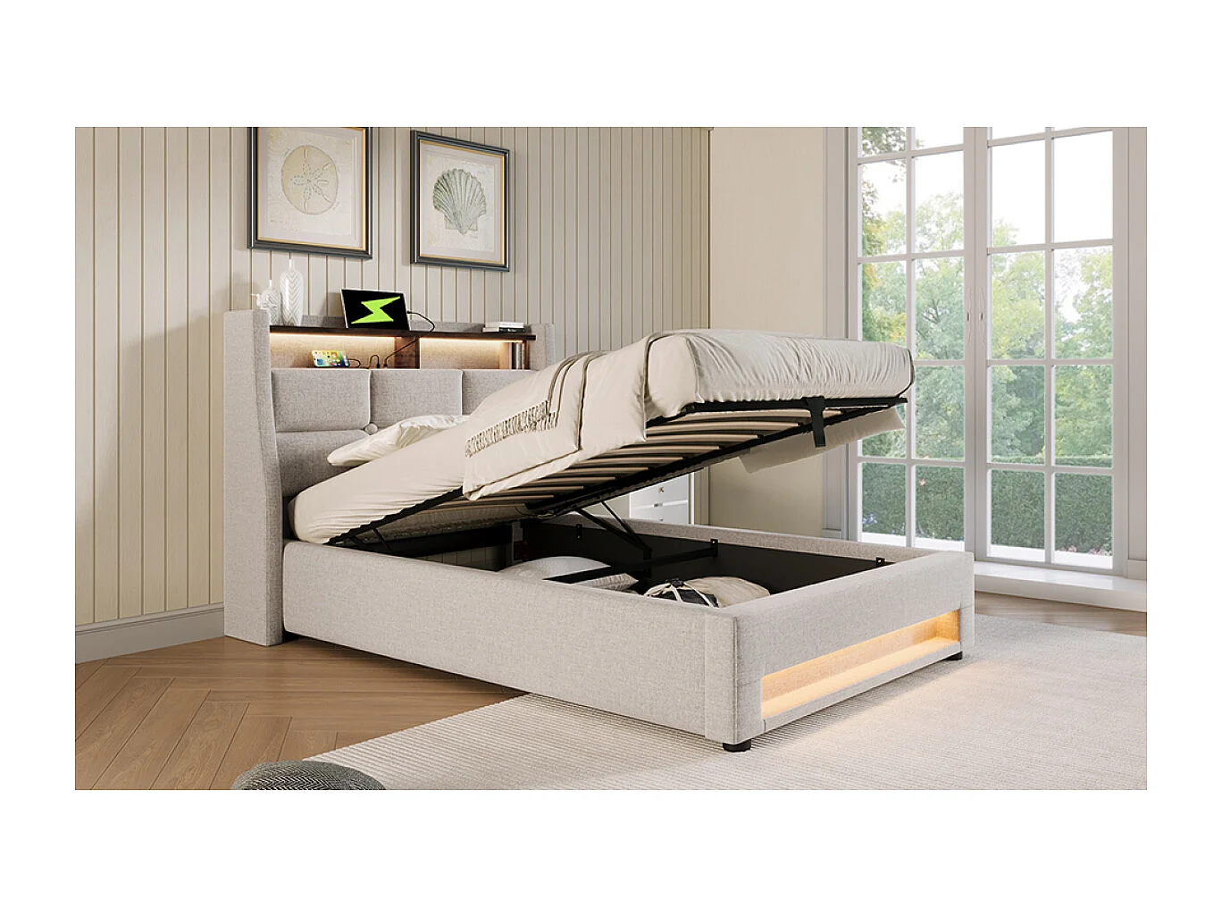 Letto imbottito 90x200cm con USB, LED, rete a doghe e materasso