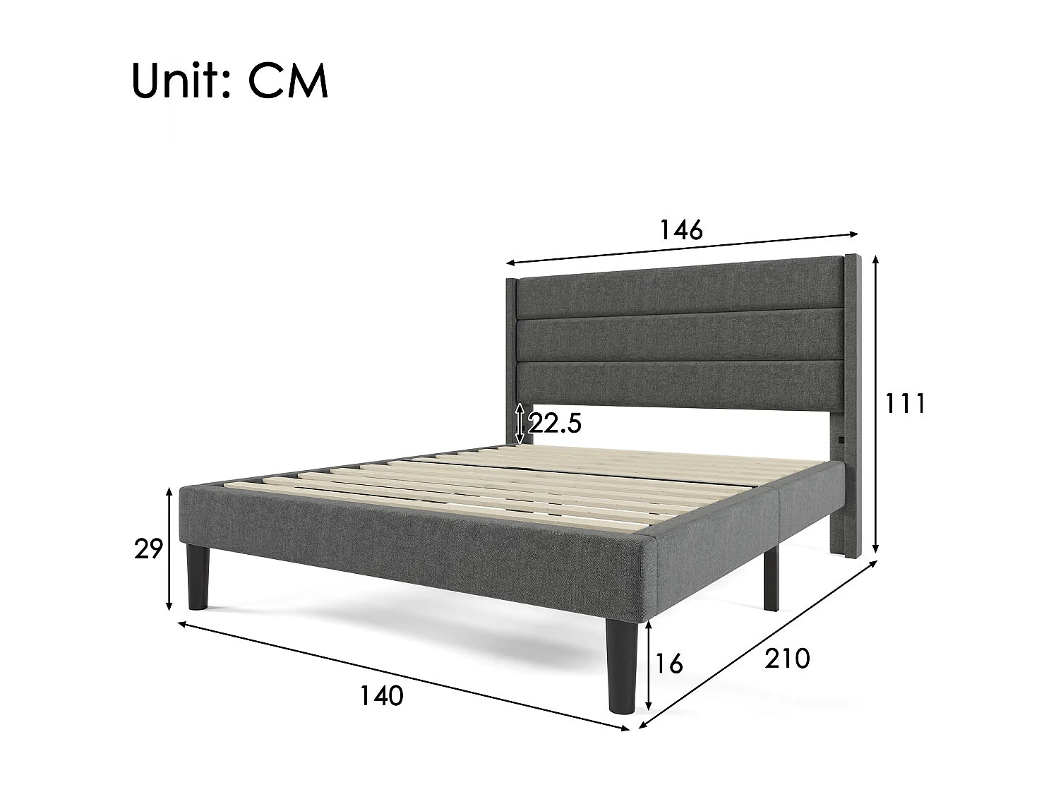 Gestoffeerd bed 140x200cm, donkergrijs linnen, modern design, met lattenbodem en hoofdbord.