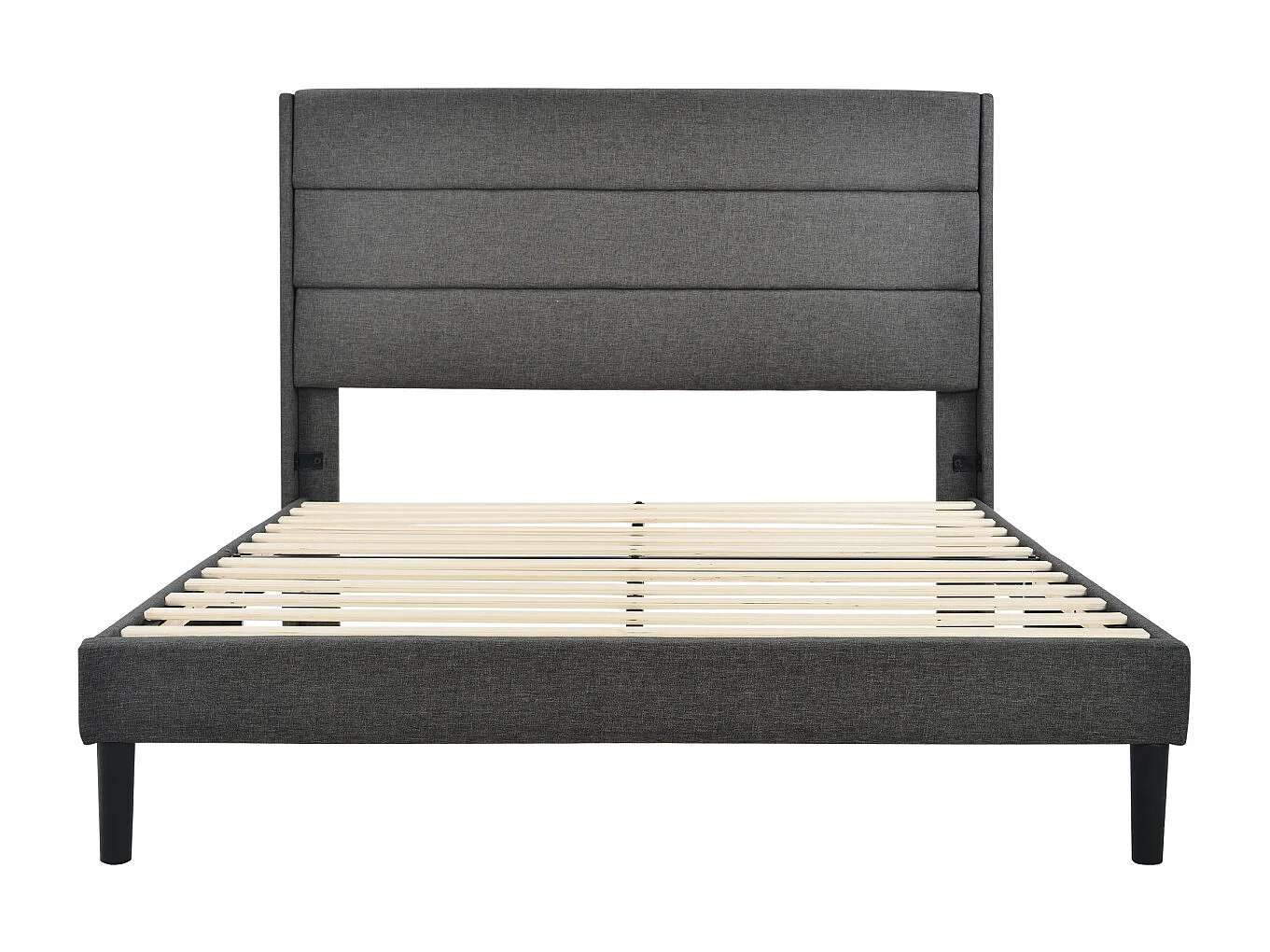 Gestoffeerd bed 140x200cm, donkergrijs linnen, modern design, met lattenbodem en hoofdbord.
