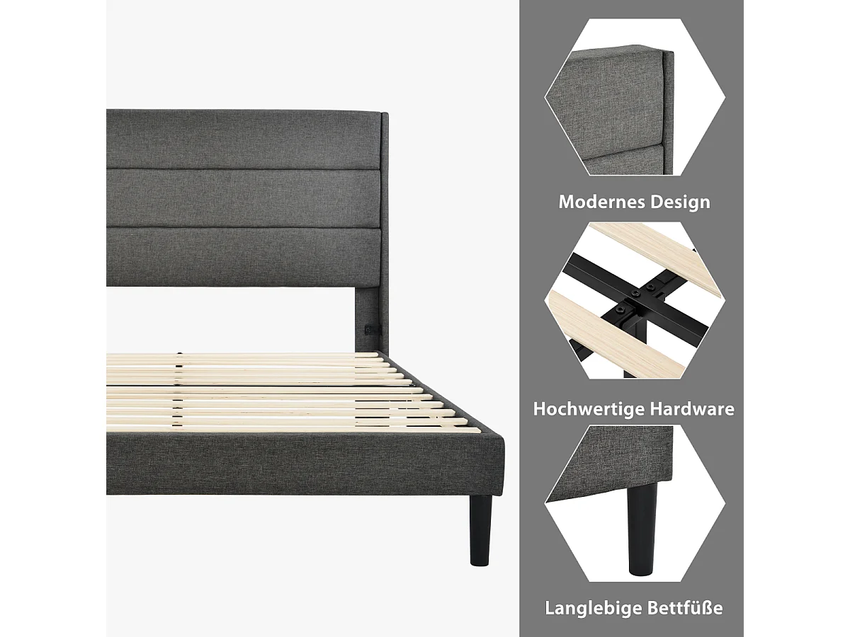 Gestoffeerd bed 140x200cm, donkergrijs linnen, modern design, met lattenbodem en hoofdbord.