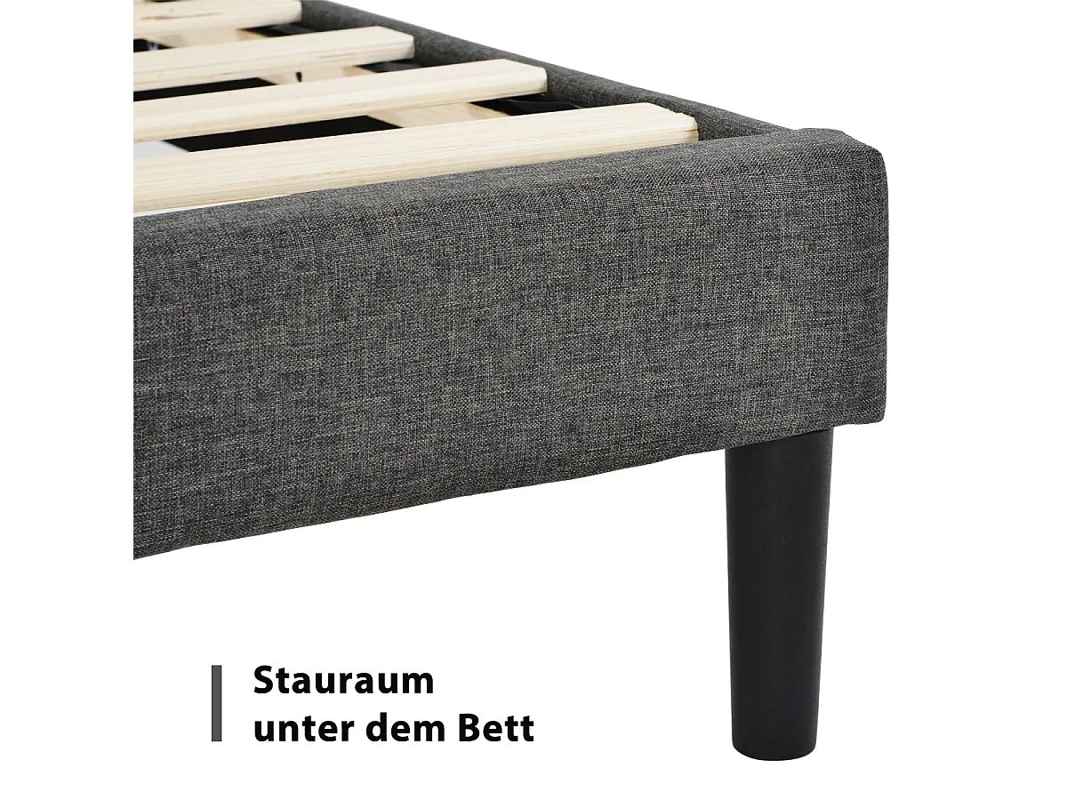 Gestoffeerd bed 140x200cm, donkergrijs linnen, modern design, met lattenbodem en hoofdbord.