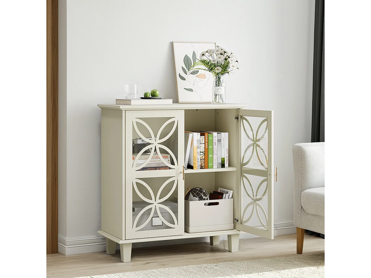 Dressoir met glazen deuren, moderne retro opbergkast, crème