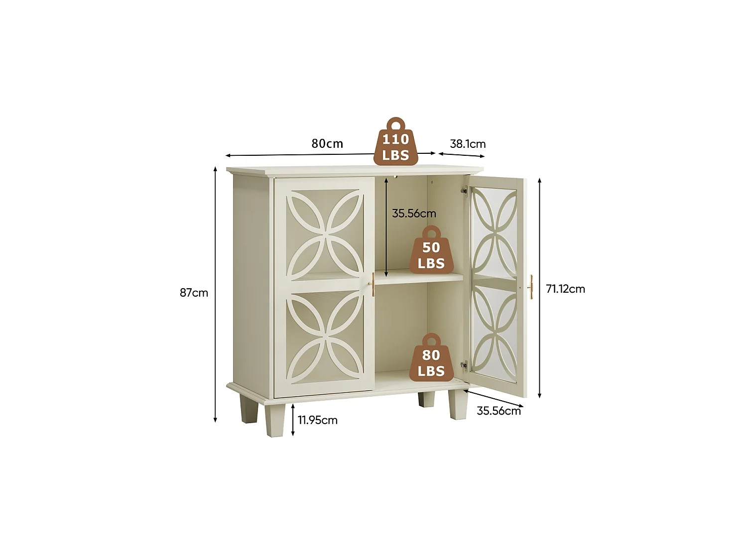 Dressoir met glazen deuren, moderne retro opbergkast, crème