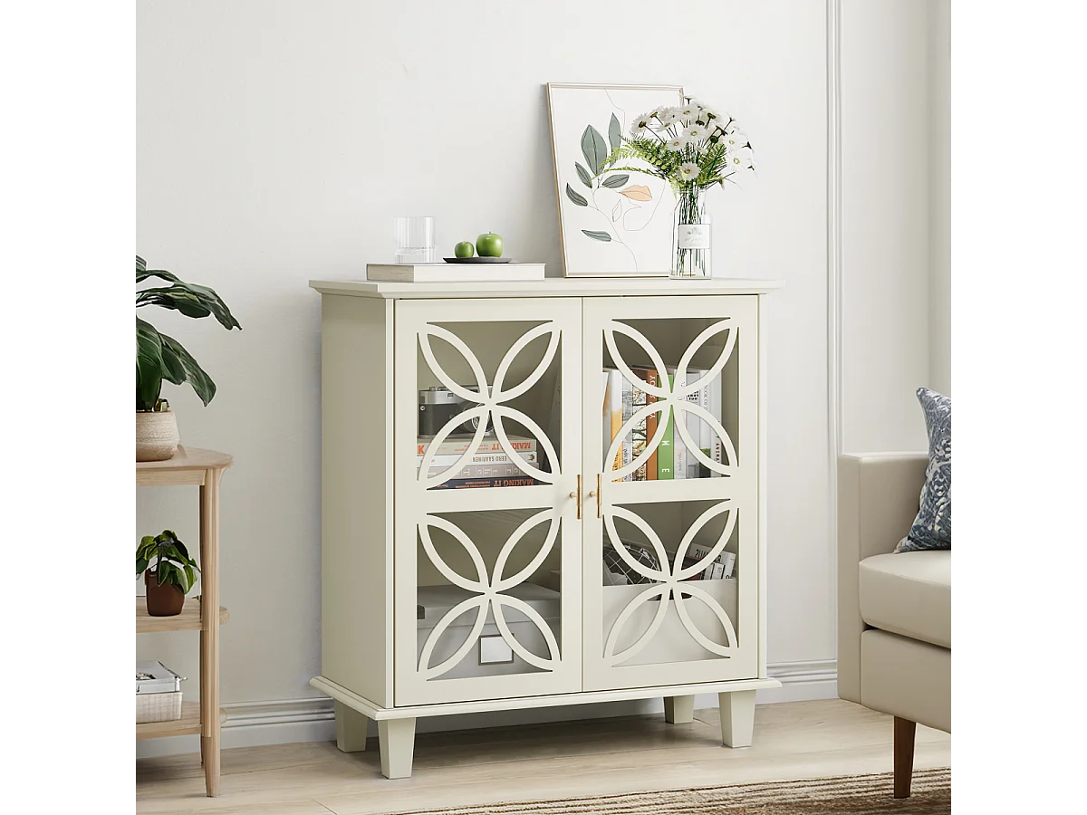 Dressoir met glazen deuren, moderne retro opbergkast, crème