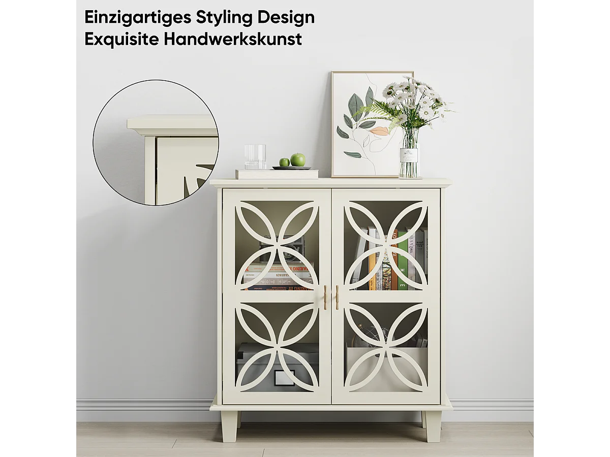 Dressoir met glazen deuren, moderne retro opbergkast, crème