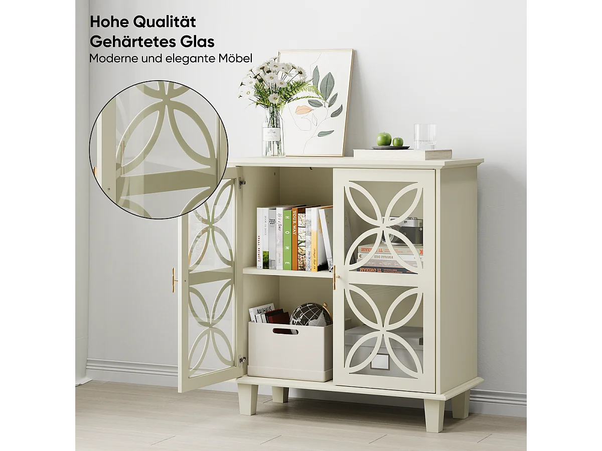 Dressoir met glazen deuren, moderne retro opbergkast, crème