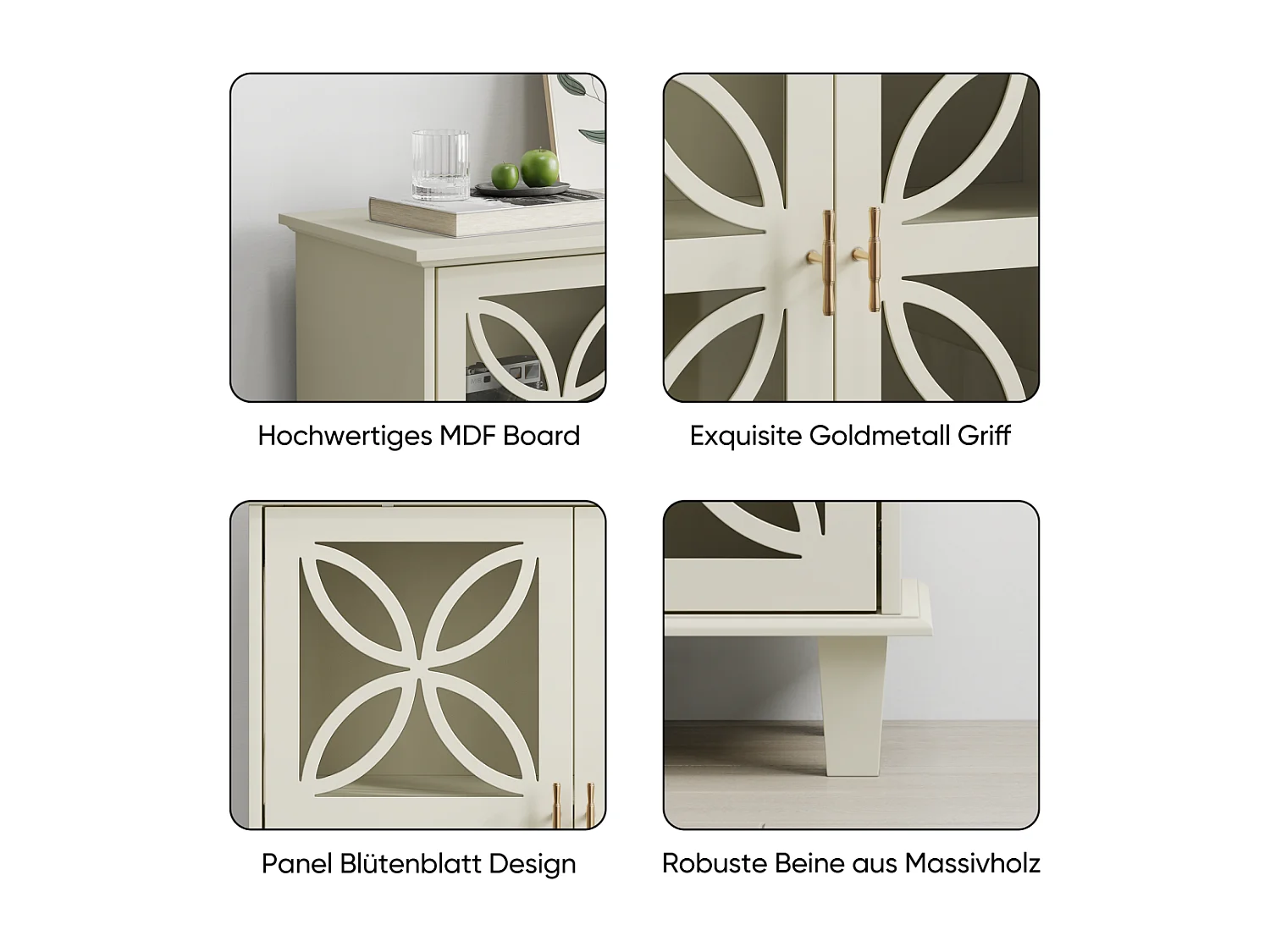 Dressoir met glazen deuren, moderne retro opbergkast, crème