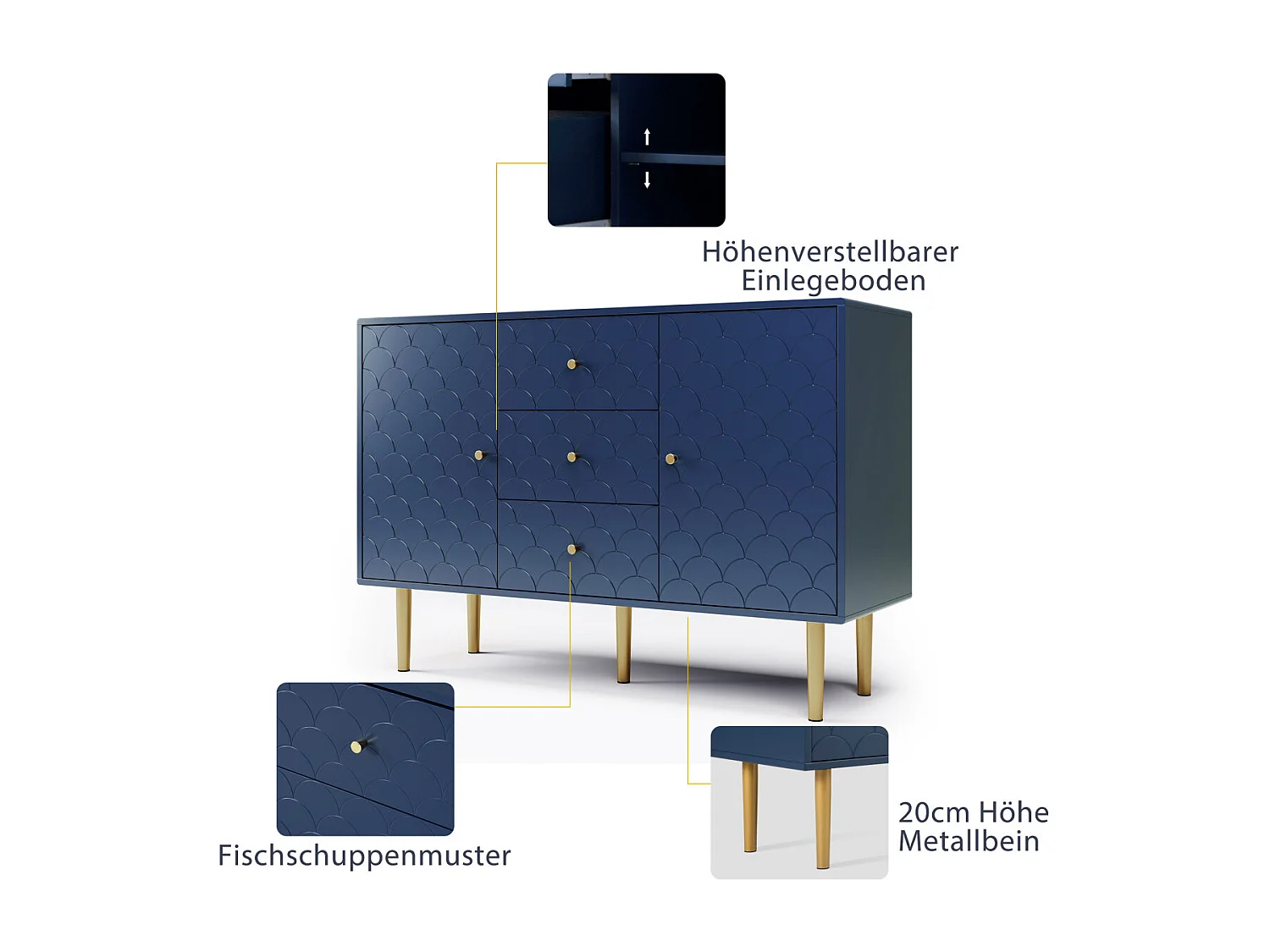 Commode bleu marine à 2 portes, 3 tiroirs, étagère réglable, 83 x 120 x 40 cm