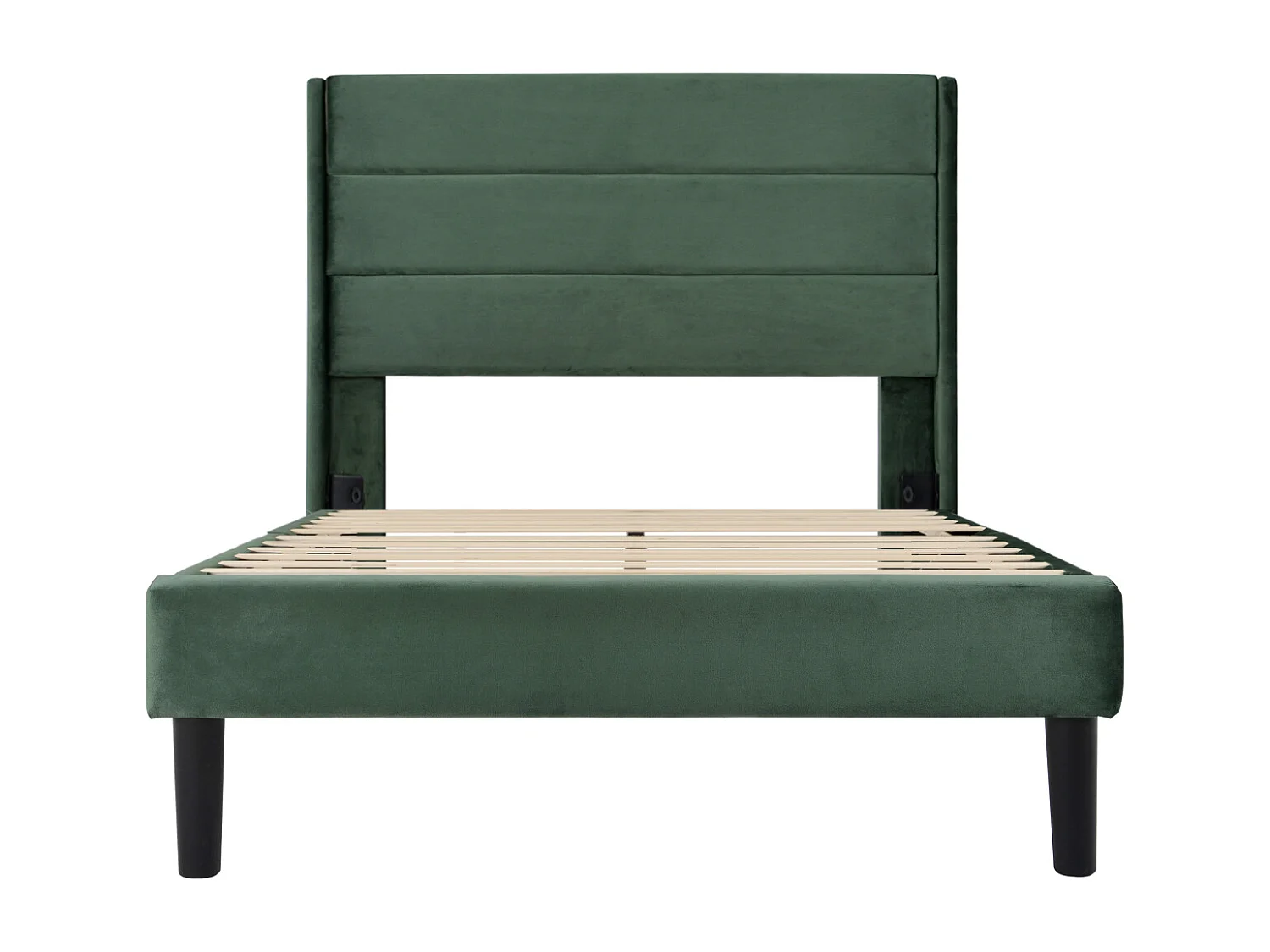 Gestoffeerd bed 90x200cm, fluweel donkergroen, modern design, met lattenbodem en hoofdbord.